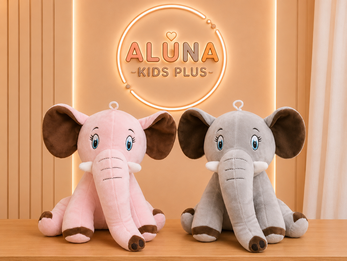 Soft plush elephant toy for kids in pink and gray | Aluna Plus